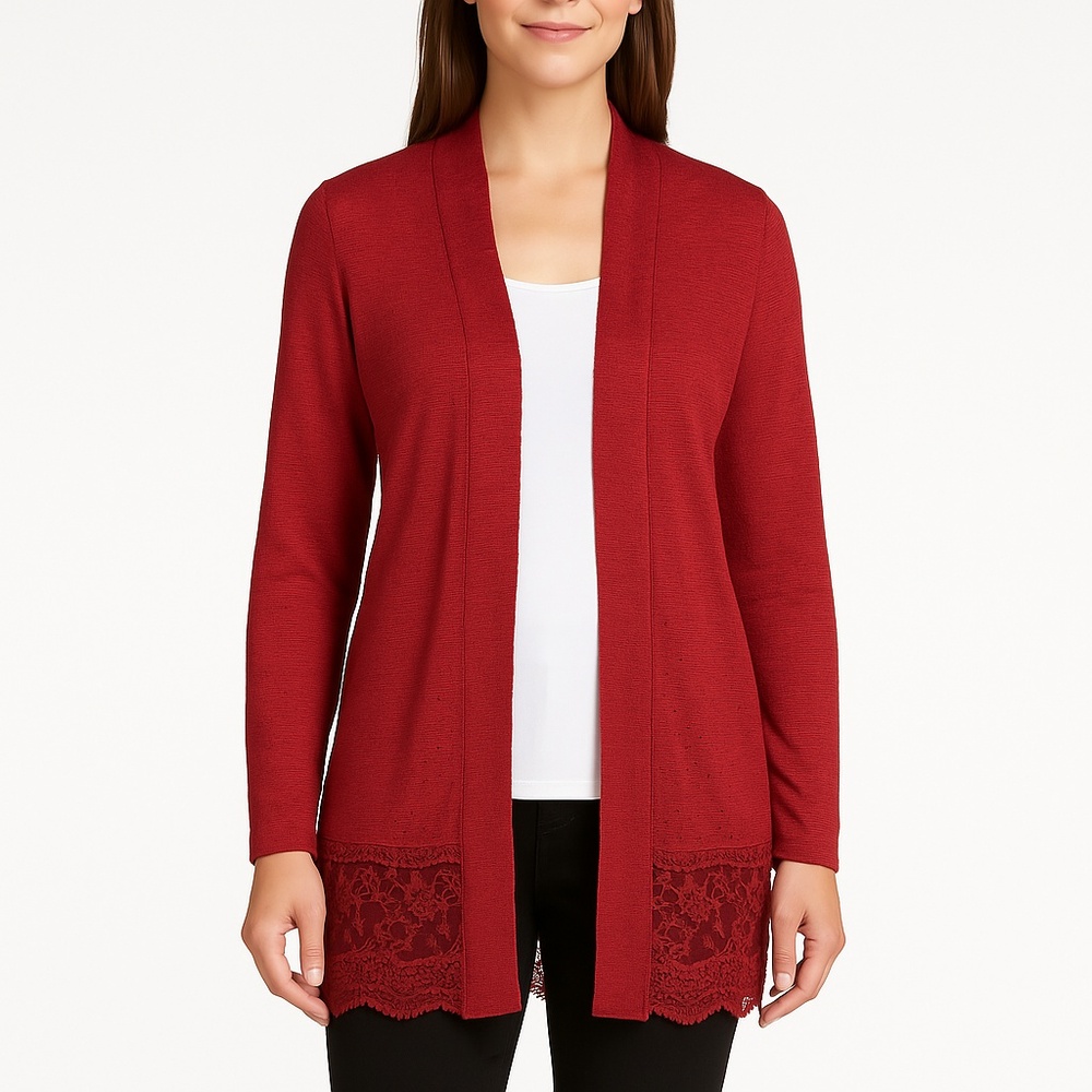 One World live &‎ let live Womens Red Lace Trim Hem Long Sleeve Cardigan Large